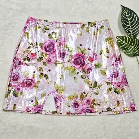 Pink Rose Mini Skirt | Bodycon High Waisted w/ Stretch S silk skirt lustrous