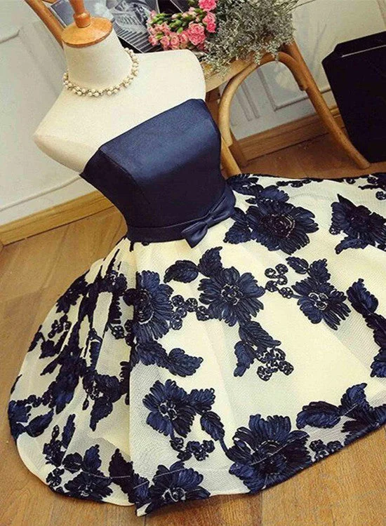 Cute Navy Blue Scoop Satin Party Dress, Short Formal Dress Halter Neckline Beach