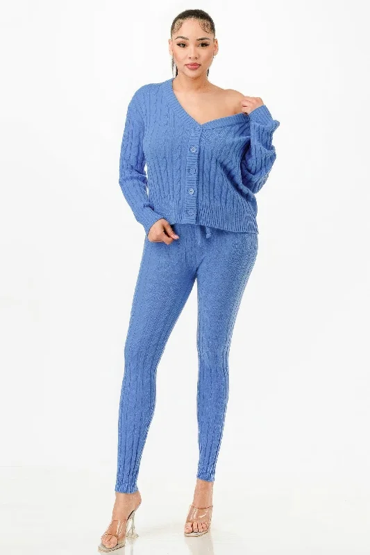 Cable Sweater Cardigan 2pc Set Terry Blend Velvet Blend Canvas Blend