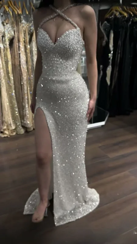 Shiny White Cross Neck Mermaid Beading Long Party Dress Evening Dress, DP4944 Tunics Short Trendy Shiny White Cross Neck Mermaid Beading Long Party Dress Evening Dress, DP4944 Tunics Short Trendy