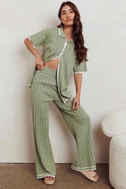 Liloh Contrast Ribbed Wide Leg Pant Sage Comfortable Pleated Pants