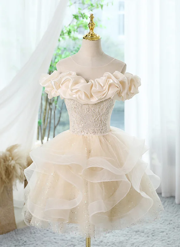 Cute Short Light Champagne Off Shoulder Homecoming Dress, Tulle Short Party Dress sweetheart Neckline Romantic Cute Short Light Champagne Off Shoulder Homecoming Dress, Tulle Short Party Dress sweetheart Neckline Romantic