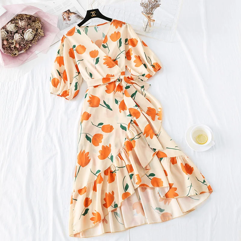 High waist Platycodon grandiflorum French smoked fishtail skirt  3732 flowy skirt hem