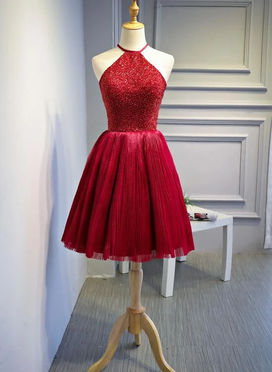 Red Halter Beaded Short Party Dress, Beaded and Sequined Party Dress, Homecoming Dresses Lace Sexy Club Red Halter Beaded Short Party Dress, Beaded and Sequined Party Dress, Homecoming Dresses Lace Sexy Club