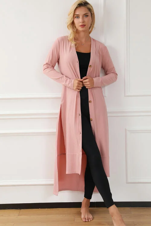 Button Up High-Low Long Sleeve Slit Cardigan Elasticated Padded Insulated