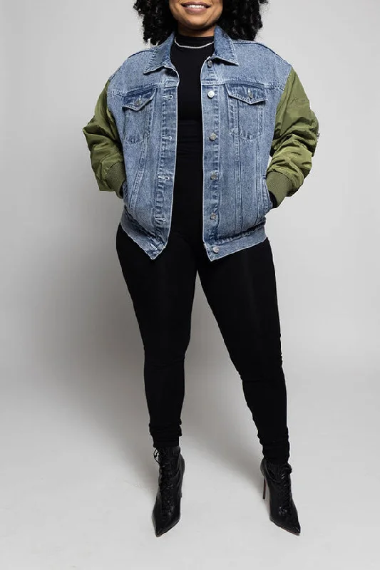 Stylish Nylon Sleeve Denim Jacket Notch Collar Peter Pan Collar Cowl Neck