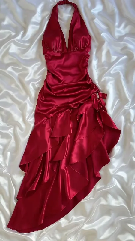 Wine Red Halter A-Line Satin Ruffles Long Party Dress Vintage Evening Dress, DP4945 Tunics Long Elegant Wine Red Halter A-Line Satin Ruffles Long Party Dress Vintage Evening Dress, DP4945 Tunics Long Elegant