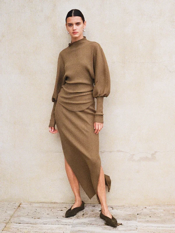 drapey rib side split skirt ribbed skirt waist