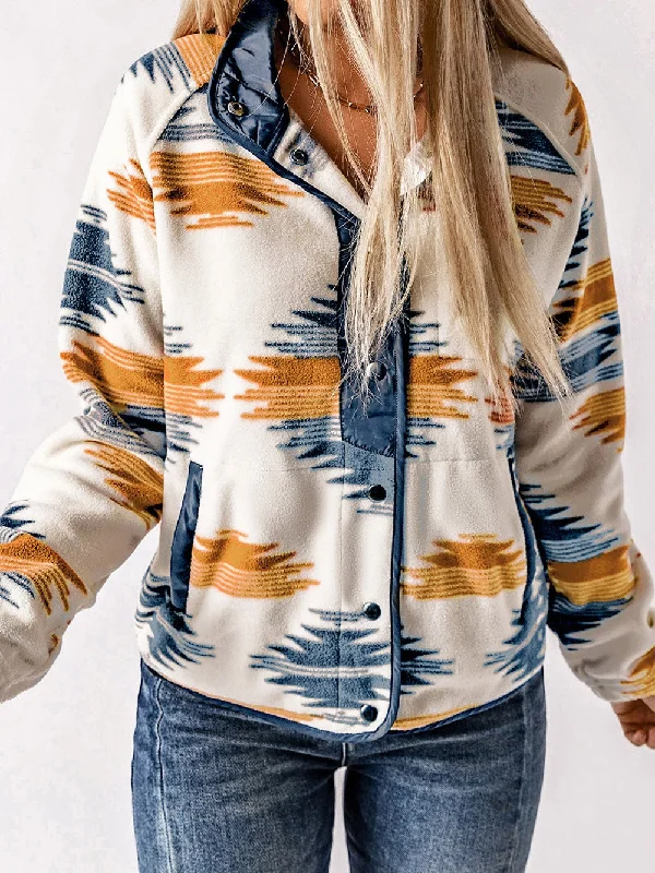 Aztec Patterned Snap Button Fleece Jacket Hoodie Zip-Up Jacket Button-Up Jacket