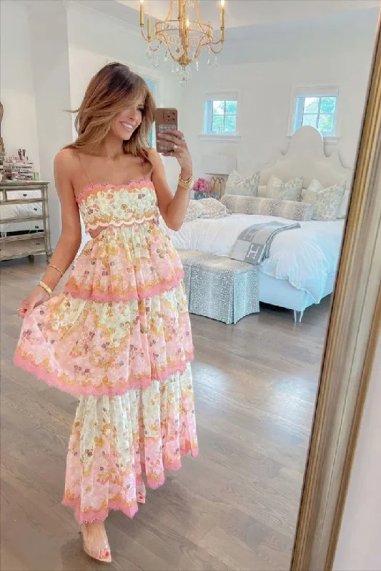 Sweet Straps Tiered A-Line Long Party Dress,DP1934 Tunics Spring floral