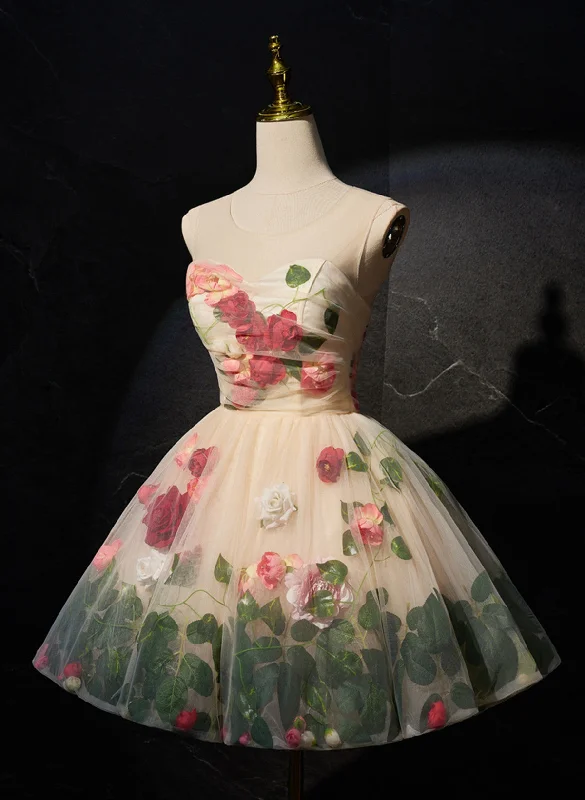 Light Champagne Short Flowers Party Dress, Cute Tulle Homecoming Dress Formal Dress Tunics Print Colorful Light Champagne Short Flowers Party Dress, Cute Tulle Homecoming Dress Formal Dress Tunics Print Colorful