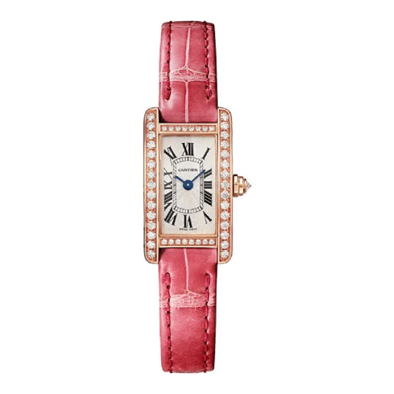Cartier Tank Americaine 27mm Women's watch - Ref: WJTA0026 - Silver Roman Dial & Diamond Bezel in 18K Rose Gold Case, Rouge Leather Strap stylish tank top Cartier Tank Americaine 27mm Women's watch - Ref: WJTA0026 - Silver Roman Dial & Diamond Bezel in 18K Rose Gold Case, Rouge Leather Strap stylish tank top