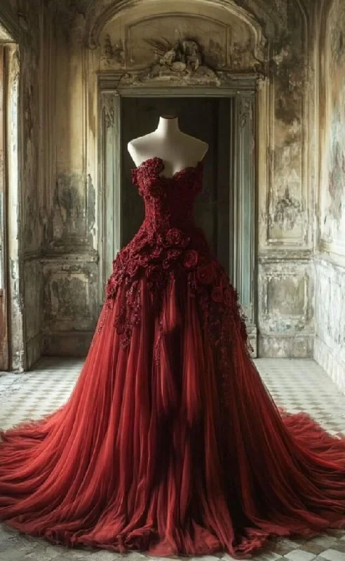 Vintage Burgundy Tulle 3D Flowers Evening Dress,Strapless Prom Party Dress cc2825 Tunics Leisure comfortable Vintage Burgundy Tulle 3D Flowers Evening Dress,Strapless Prom Party Dress cc2825 Tunics Leisure comfortable