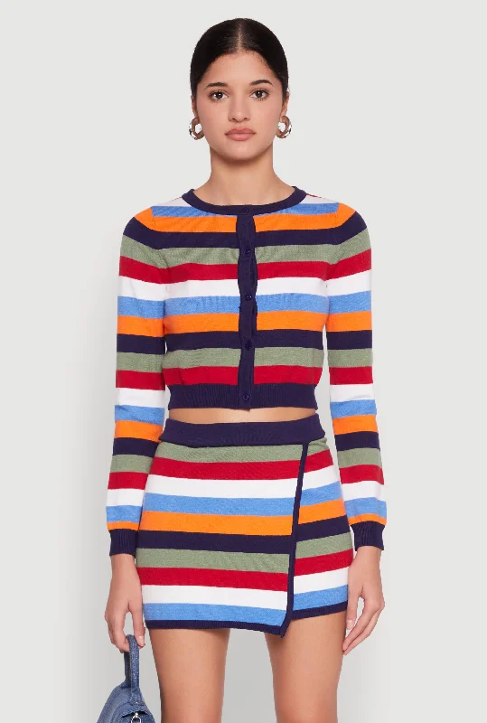 Daisy Striped Button Front Cropped Cardigan Patchwork Embroidered Appliqued