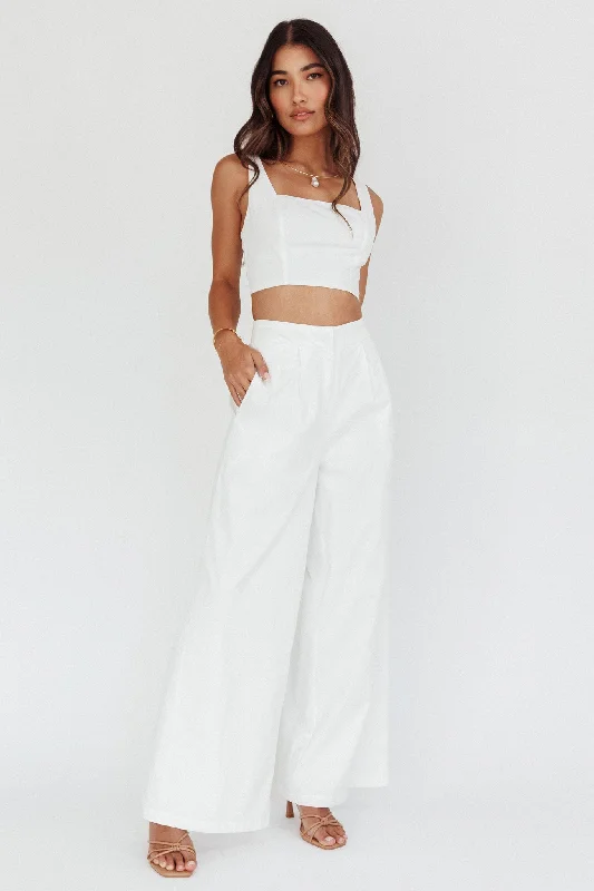 Empire Wide-Leg Side Pocket Pants White Comfy Cargo Trousers