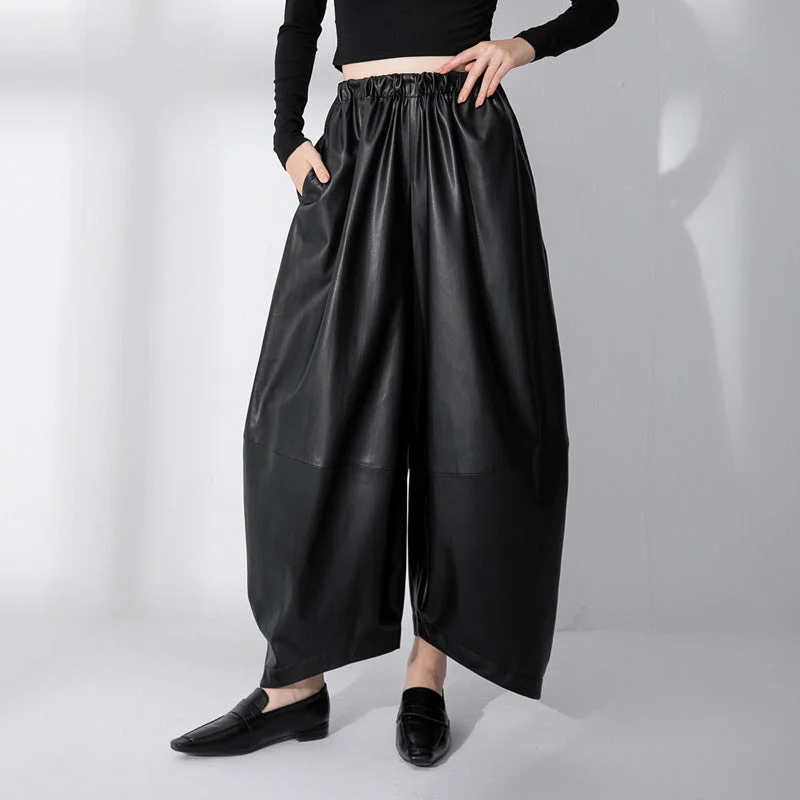 PU Leather High Waist Thin Fleece Loose Pants Soft Stretch Trousers
