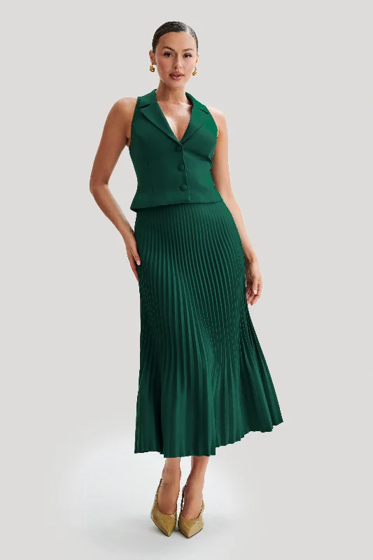Twyla Pleated Suiting Maxi Skirt - Forest Green belted skirt waist