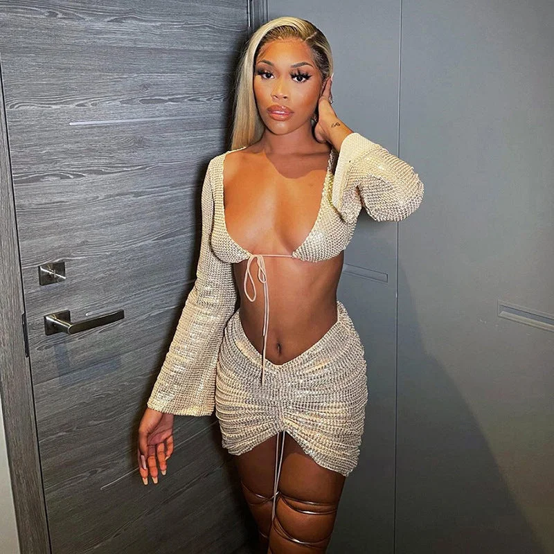 Summer New Style Women's Sequins Bandage Cardigan High Waist Bag Hip Skirt Casual Suit Women Lace Blend Ribbed Blend Corduroy Blend Summer New Style Women's Sequins Bandage Cardigan High Waist Bag Hip Skirt Casual Suit Women Lace Blend Ribbed Blend Corduroy Blend