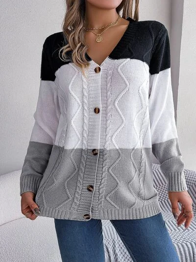 Cable-Knit Striped Button Up Cardigan Satin Blend Silk Blend Wool Blend