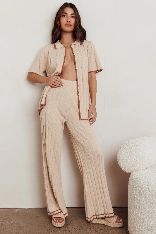 Liloh Contrast Ribbed Wide Leg Pant Beige Formal Slim Pants