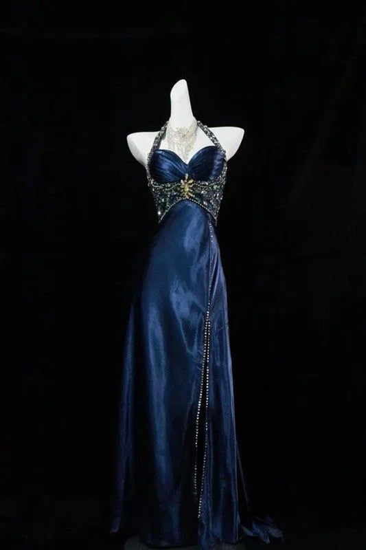 Navy Blue Halter A-Line Beading Long Prom Dress Formal Party Dress, DP4858 Sequined Elegant Party