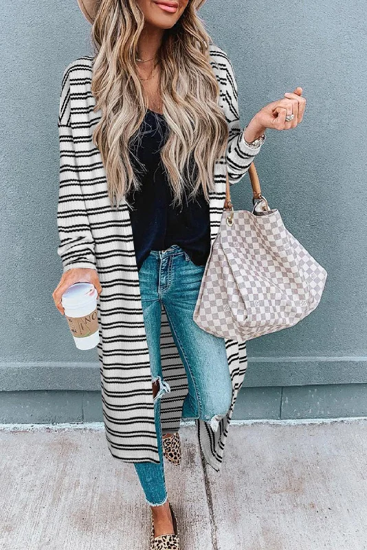 Stripe Print Open Front Duster Cardigan Polka Dot Checkered Tartan