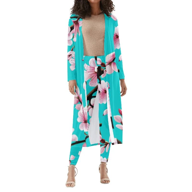 Cherry Blossom Womens Long Sleeve Cardigan and Leggings 2pcs - 4 colors Satin Fabric Silk Fabric Chiffon Fabric