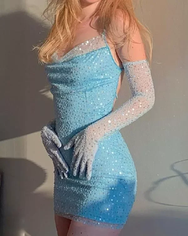 Sexy Blue Sequins Backless Mini Party Dress with Gloves c2857 Shift Classic Vintage