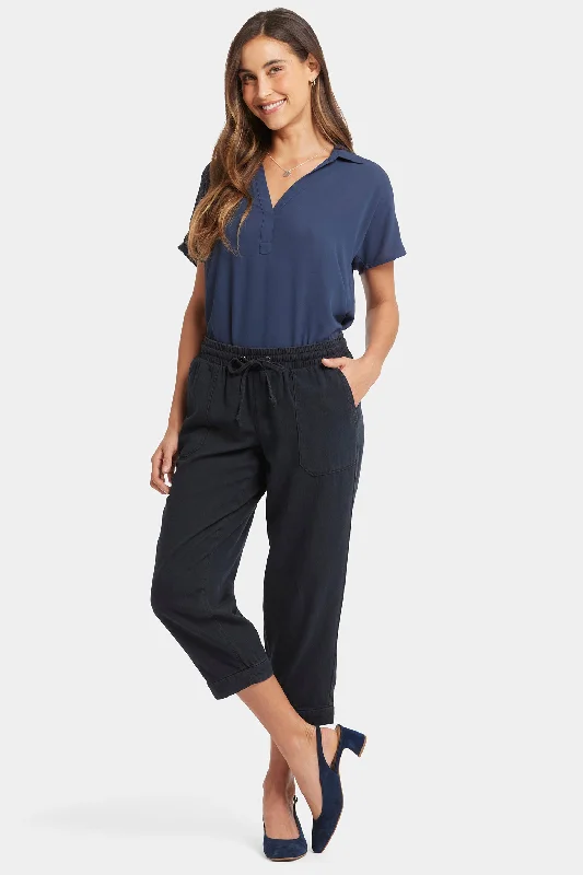 Relaxed Drawstring Cargo Pull-On Pants - Overdye Black Cozy Full-Length Pants