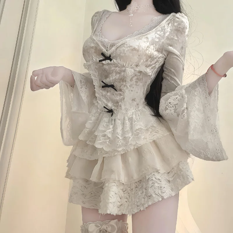 Lace patchwork tutu skirt two piece set leather skirt modern