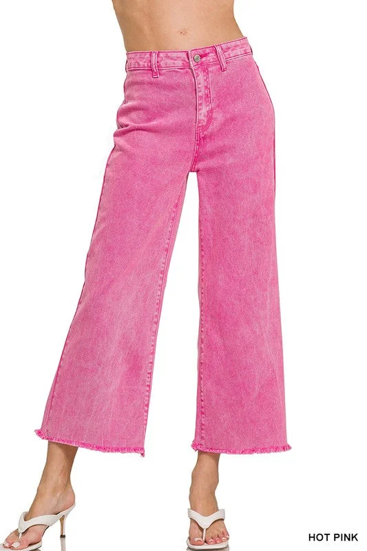 Acid Washed High Waist Frayed Hem Straight Pants Comfy High-Waist Jeans