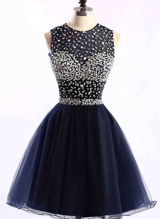 Navy Blue Sparkle Beaded Homecoming Dresses, Round Neckline Party Dress, Short Prom Dresses Tunics Cozy soft Navy Blue Sparkle Beaded Homecoming Dresses, Round Neckline Party Dress, Short Prom Dresses Tunics Cozy soft
