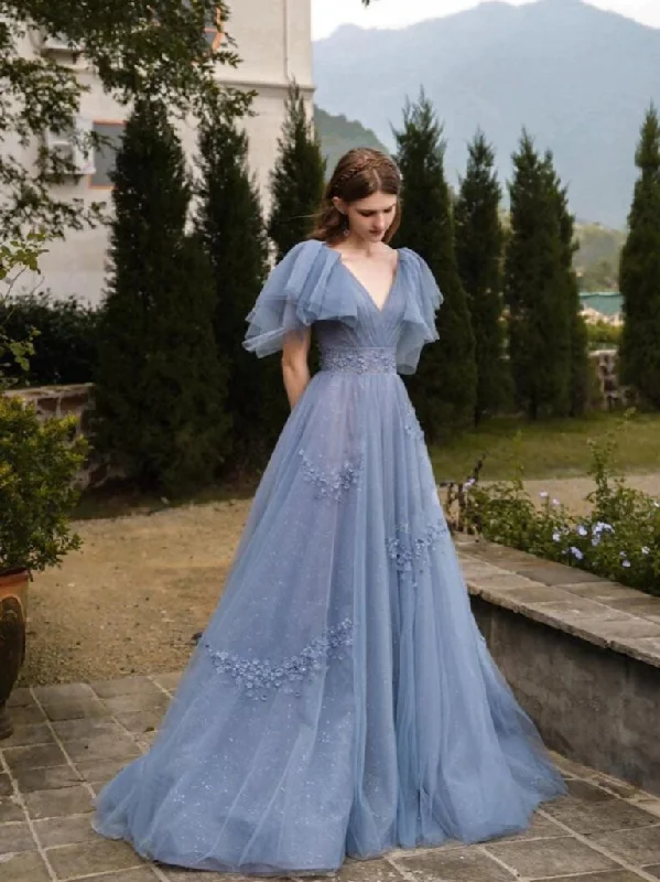 Elegant V Neck Tulle Sequins Appliques Prom Dress,Blue Party Dress Evening Dress cc2789 Tunics Evening elegant Elegant V Neck Tulle Sequins Appliques Prom Dress,Blue Party Dress Evening Dress cc2789 Tunics Evening elegant