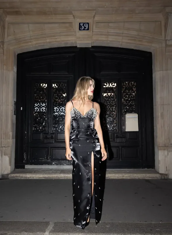 Gorgeous Spaghetti Straps Satin Beaded Slit Evening Dress,Black Prom Party Dress cc2695 Tunics Top Casual Gorgeous Spaghetti Straps Satin Beaded Slit Evening Dress,Black Prom Party Dress cc2695 Tunics Top Casual
