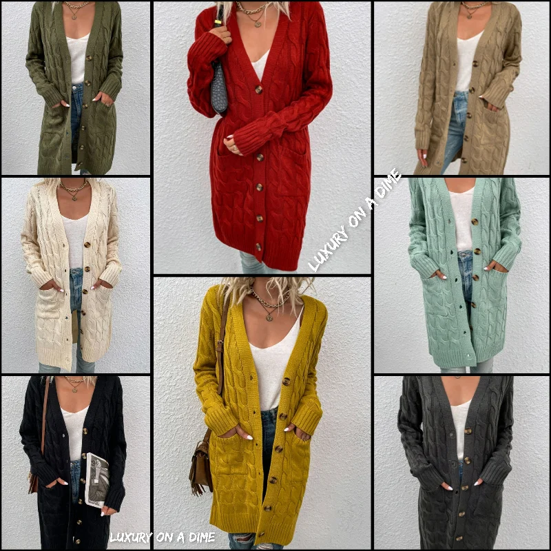 Chunky Cable-Knit Classic Button Front Long Cardigan with Pockets Machine Wash Dry Clean Hand Wash Chunky Cable-Knit Classic Button Front Long Cardigan with Pockets Machine Wash Dry Clean Hand Wash