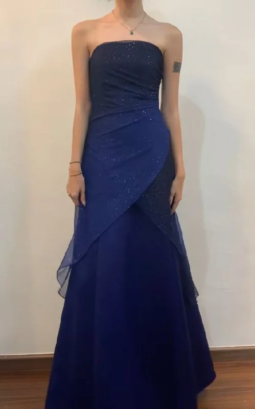 Dark Navy Strapless A-Line Chiffon Long Prom Dress Vintage Party Dress, DP4841 Halter Neckline Beach Dark Navy Strapless A-Line Chiffon Long Prom Dress Vintage Party Dress, DP4841 Halter Neckline Beach