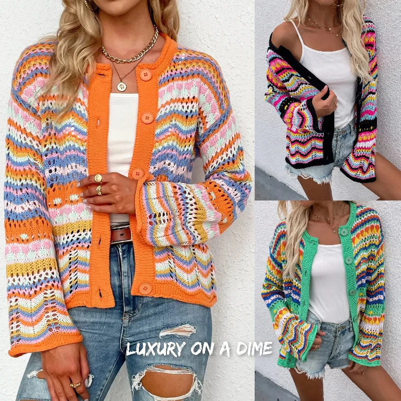 Bright Chevron Stripe Openwork Knit Button Front Long Sleeve Retro Cardigan Chenille Brocade Lace Bright Chevron Stripe Openwork Knit Button Front Long Sleeve Retro Cardigan Chenille Brocade Lace