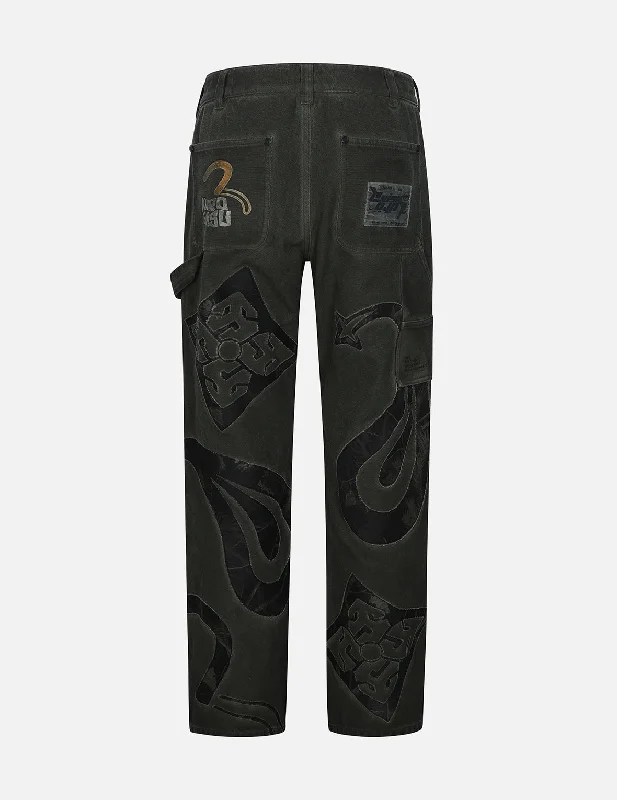 Multi Logos Overdyed Wide Leg Worker Pants Chic Wool Trousers