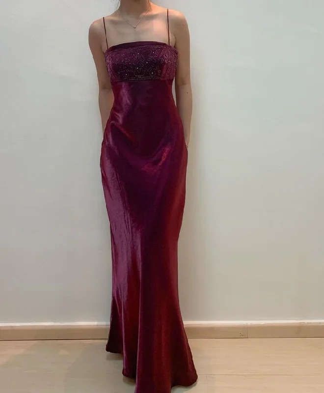 Dark Red Straps Beading Sheath Satin Long Prom Dress Vintage Party Dress, DP4847 Mermaid Tail Wedding Dark Red Straps Beading Sheath Satin Long Prom Dress Vintage Party Dress, DP4847 Mermaid Tail Wedding