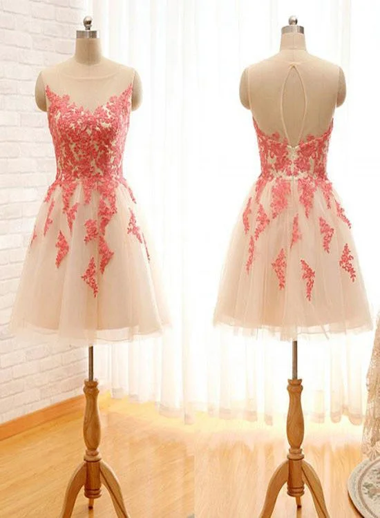 Light Champagne Short Tulle Party Dress with Pink Lace Applique, Homecoming Dress Mermaid Tail Wedding Light Champagne Short Tulle Party Dress with Pink Lace Applique, Homecoming Dress Mermaid Tail Wedding