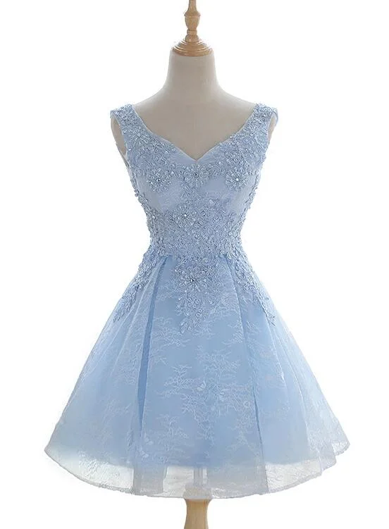 Light Blue Cute V-neckline Lace Short Party Dress, Lace Formal Dress, Lace Party Dresses Tunics Stylish elegant Light Blue Cute V-neckline Lace Short Party Dress, Lace Formal Dress, Lace Party Dresses Tunics Stylish elegant