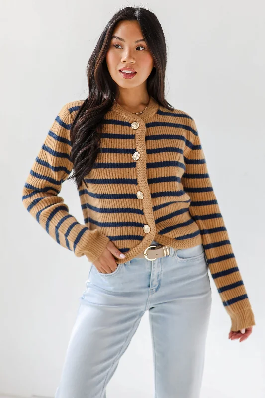 FINAL SALE - Chicest Option Camel Striped Sweater Cardigan Chenille Blend Fleece Blend Nylon Blend FINAL SALE - Chicest Option Camel Striped Sweater Cardigan Chenille Blend Fleece Blend Nylon Blend