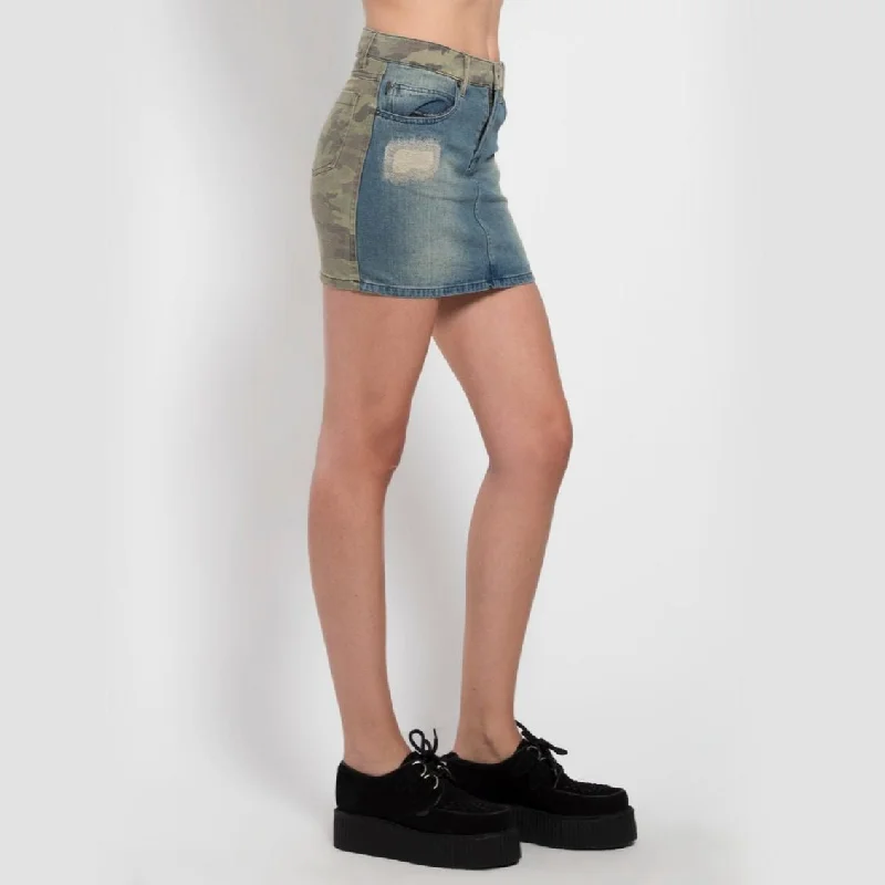 Split Front Distressed Denim & Camo Twill Skirt silk skirt smooth