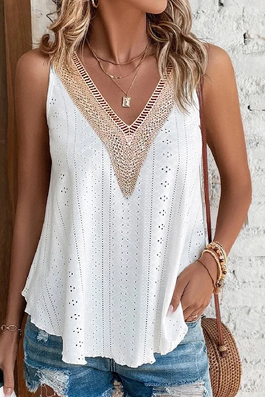 Eyelet V-Neck  Tank Top - White sexy tank top