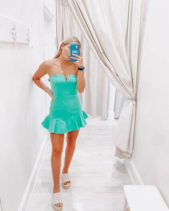 Fresh Mint Green Strapless Cute Homecoming Dress Rufflues Bottom Party Dress c3327 Off-the-shoulder Chic Trendy Fresh Mint Green Strapless Cute Homecoming Dress Rufflues Bottom Party Dress c3327 Off-the-shoulder Chic Trendy
