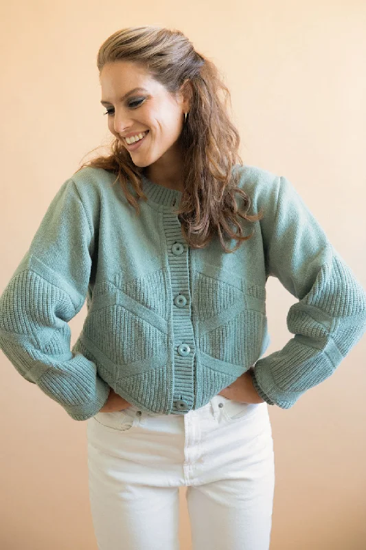 Tanaisie Merino Cardigan Mint Green Striped Floral Plaid