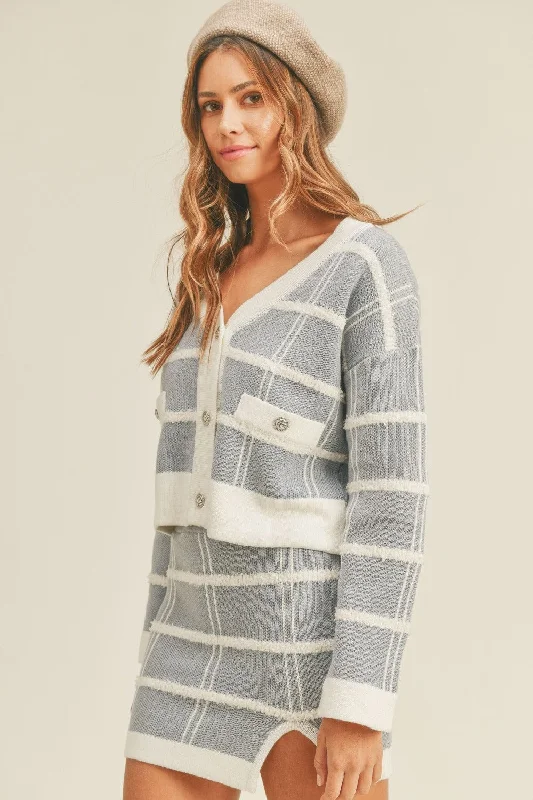 MABLE Plaid Button Down Sweater Cardigan and Mini Skirt Set Mesh Cardigan Canvas Denim MABLE Plaid Button Down Sweater Cardigan and Mini Skirt Set Mesh Cardigan Canvas Denim