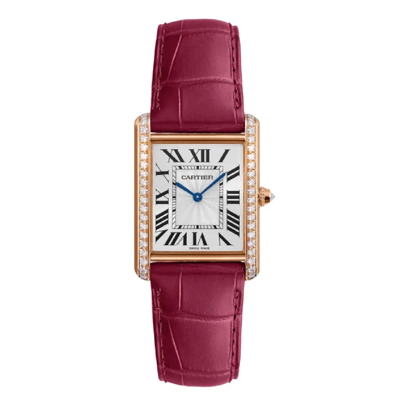 Cartier Tank Louis 29.5mm Women's watch - Ref: WJTA0010 - Silver Roman Dial & Diamond Bezel in 18K Rose Gold Case, Burgundy Leather Strap comfortable tank top