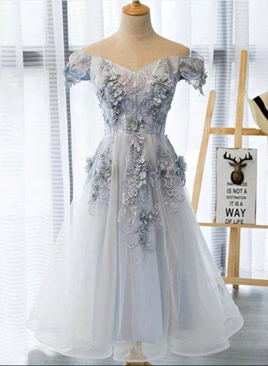 Grey Tulle Tea Length Off Shoulder Elegant Party Dress, Handmade Formal Dress, Formal Dress Tunics Spring floral Grey Tulle Tea Length Off Shoulder Elegant Party Dress, Handmade Formal Dress, Formal Dress Tunics Spring floral