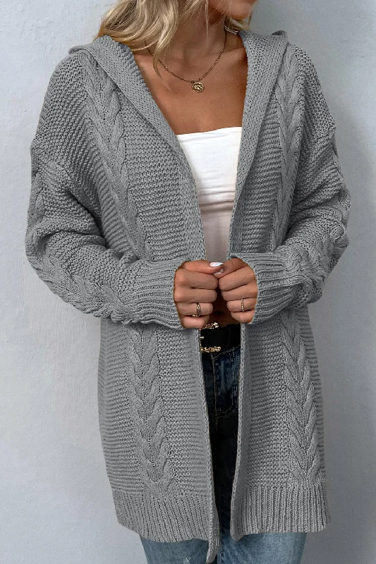Cable-Knit Dropped Shoulder Hooded Cardigan Lace Blend Ribbed Blend Corduroy Blend